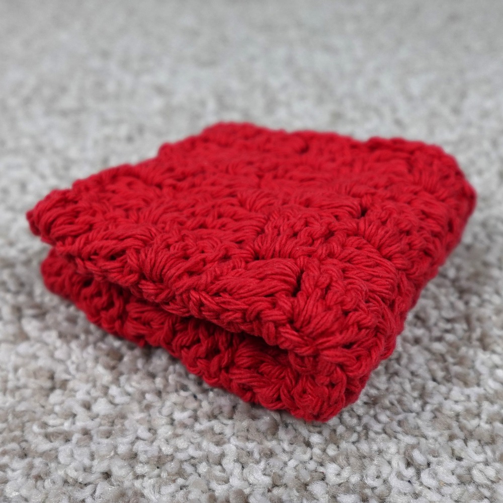 Handmade Red Crochet Cotton Dishcloth Washcloth Square Textured Knit 7.5in